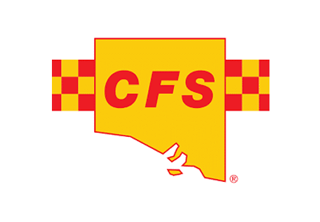Logotipo do CFS com mapa amarelo e letras vermelhas