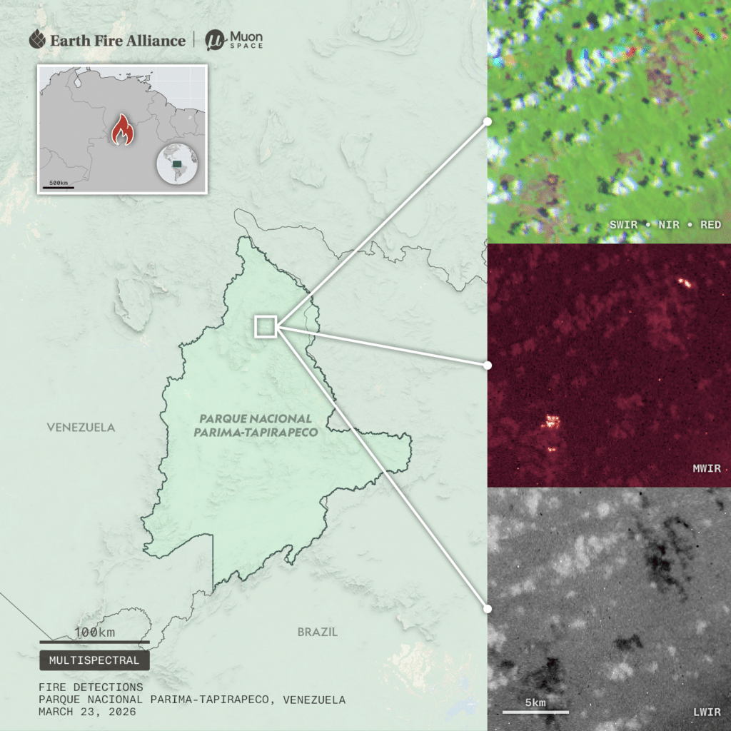 Mapa de satélite mostrando detecções de incêndios no parque da Venezuela
