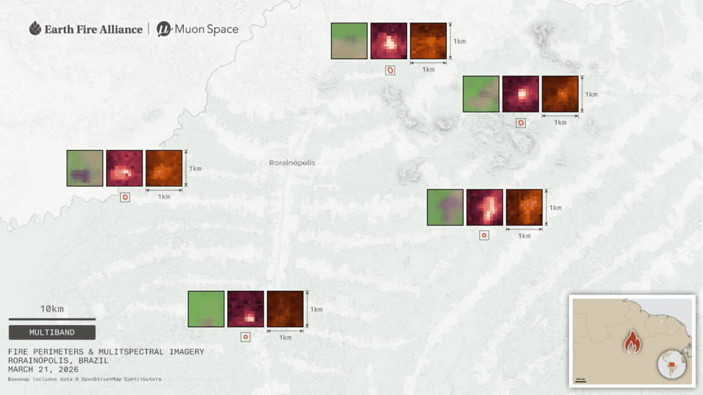 Mapa de imagens multiespectrais de incêndios de Rorainópolis, Brasil