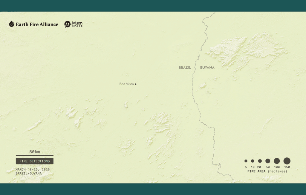 Mapa topográfico das detecções de incêndios no Brasil-Guyana