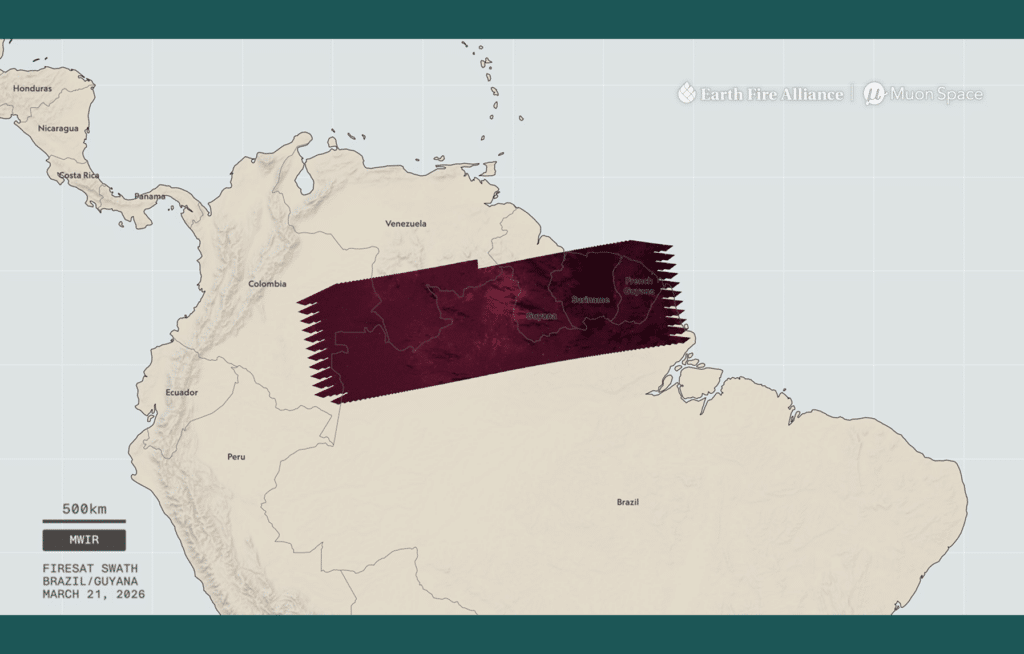 Faixa de fogo de satélite sobre o norte da América do Sul