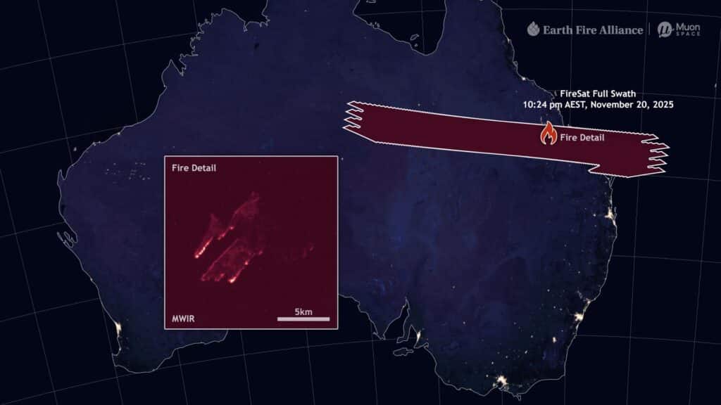 Mapa de satélite da Austrália mostrando faixa de detecção de incêndios