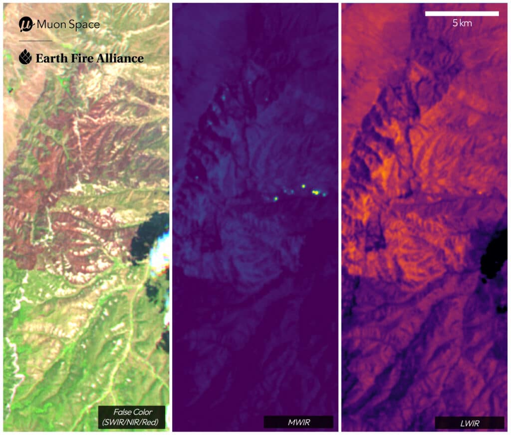 Imagem de satélite de incêndio em cores falsas e infravermelho