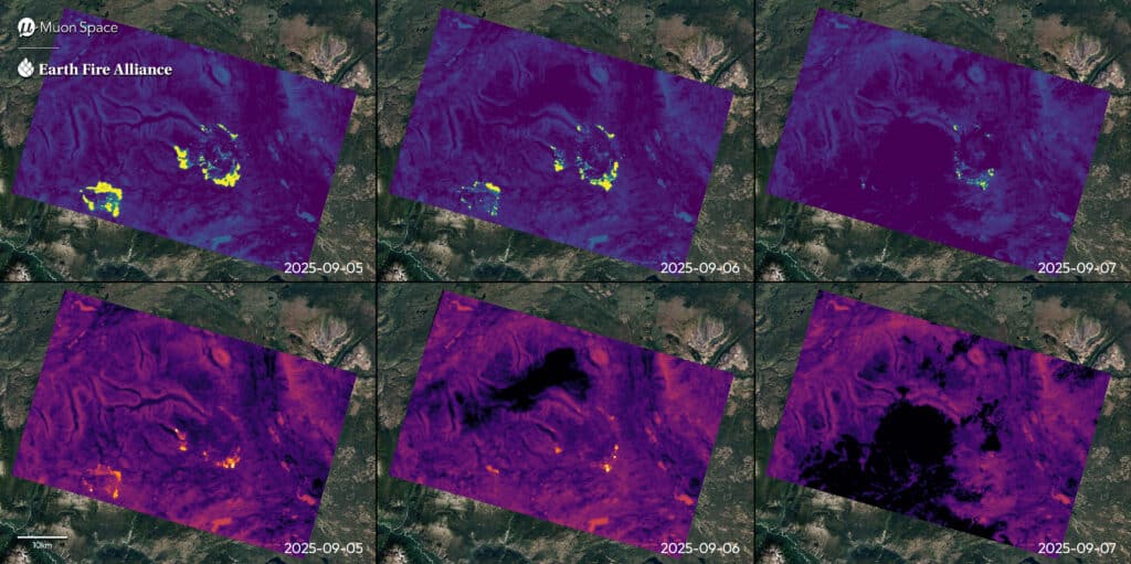 Sequência de satélite mostrando a propagação de incêndios ao longo de três dias