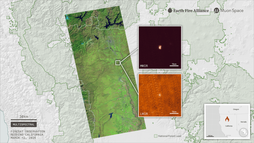 Mapa de satélite mostrando ponto quente de incêndio perto de Redding, Califórnia