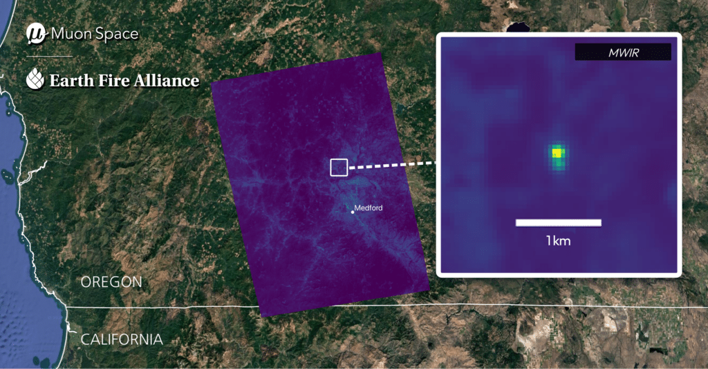 Mapa de satélite mostrando calor de incêndio perto de Medford, Oregon