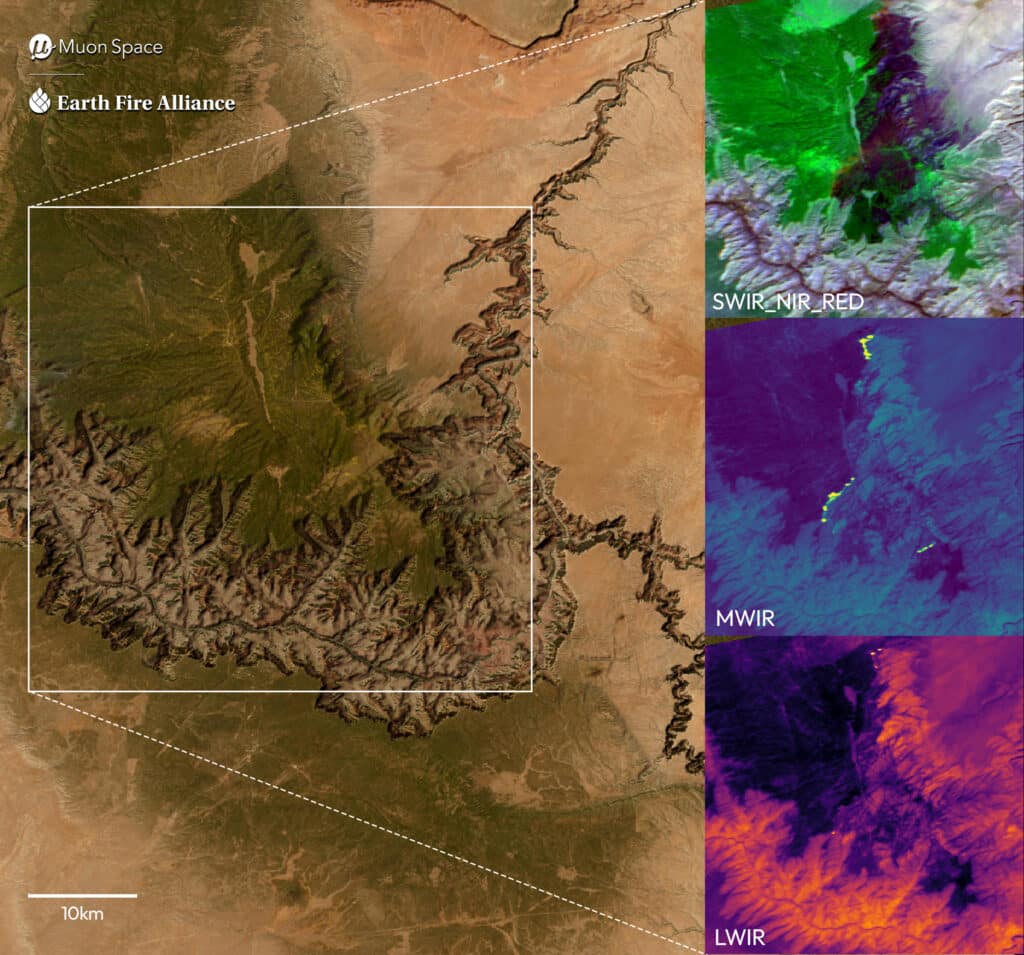 Visão multiespectral de satélite da paisagem do cânion e assinaturas de calor