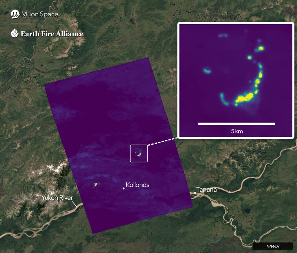 Mapa de satélite mostrando pontos quentes de incêndio perto do rio Yukon