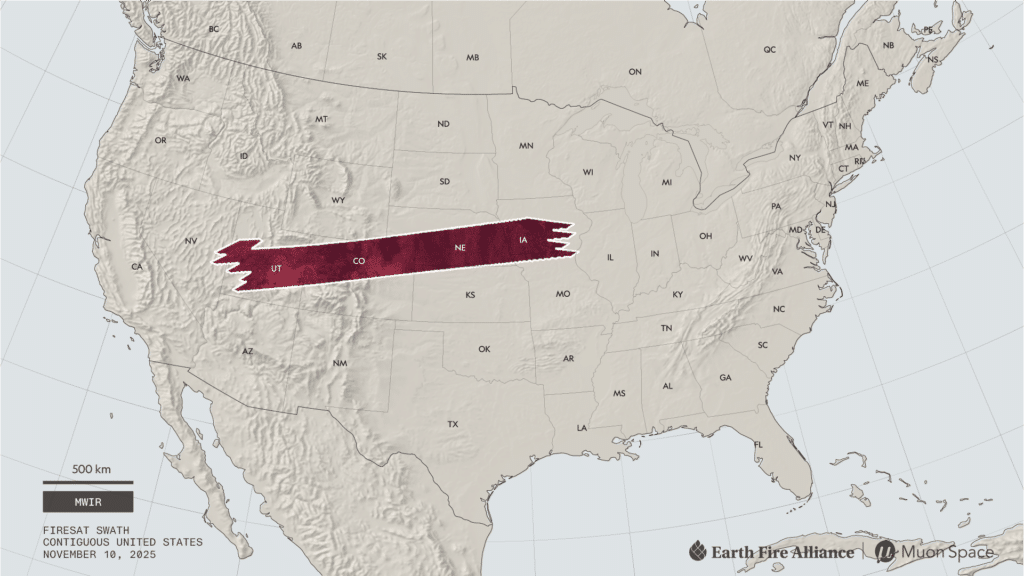 Faixa de satélite atravessando Utah, Colorado, Nebraska, Iowa