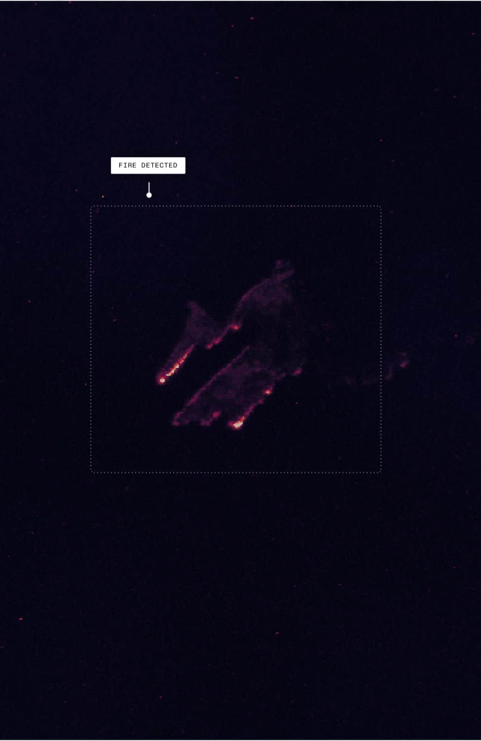 Image thermique satellite montrant des points chauds d'incendie de forêt la nuit