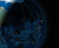 Terre sombre avec des trajectoires de communication orbitales colorées dans l'espace