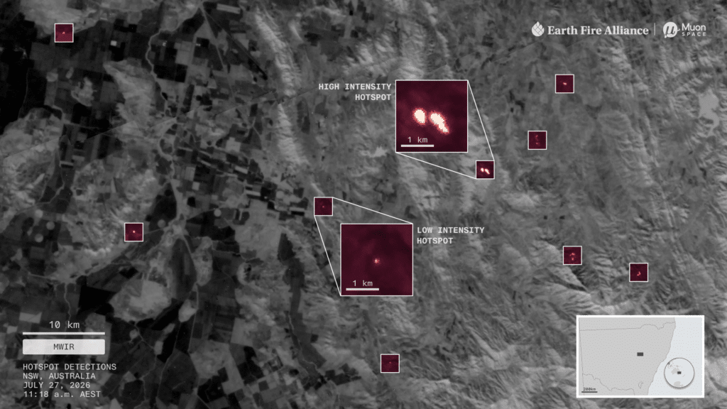 Satellite map showing wildfire hotspots in New South Wales, Australia