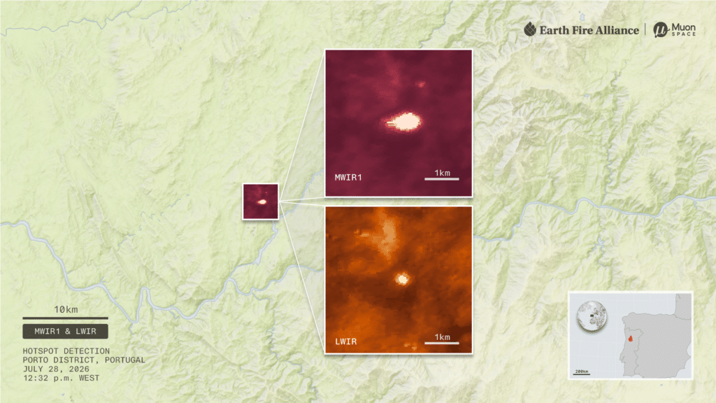 Satellite thermal imagery shows wildfire hotspot in Porto District, Portugal.